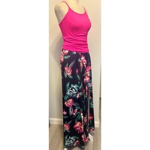 Tropical Floral Maxi Skirt in Pink Deep Blue Background, Front Slit- Medium